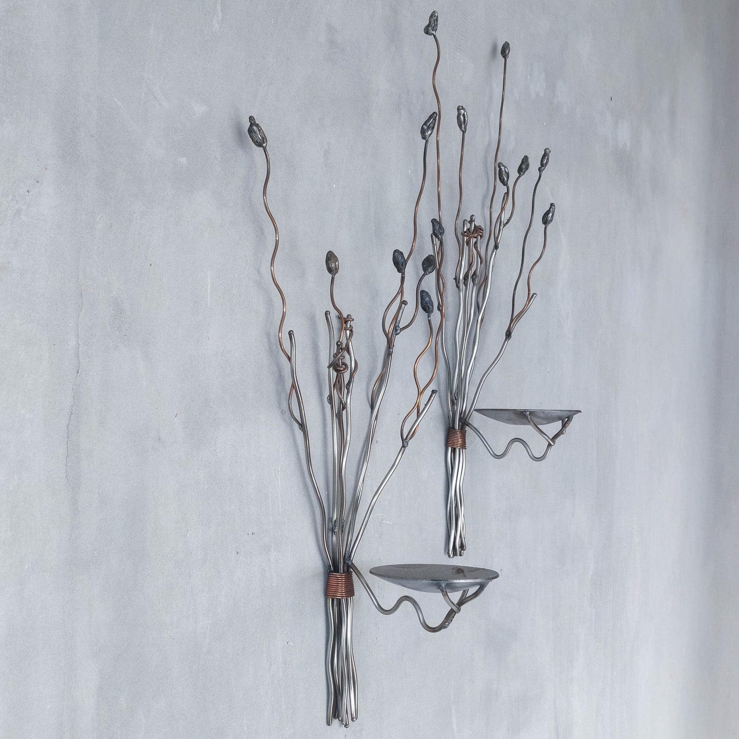 Vintage pair of large artisan made wirework steel and copper candle wall sconces