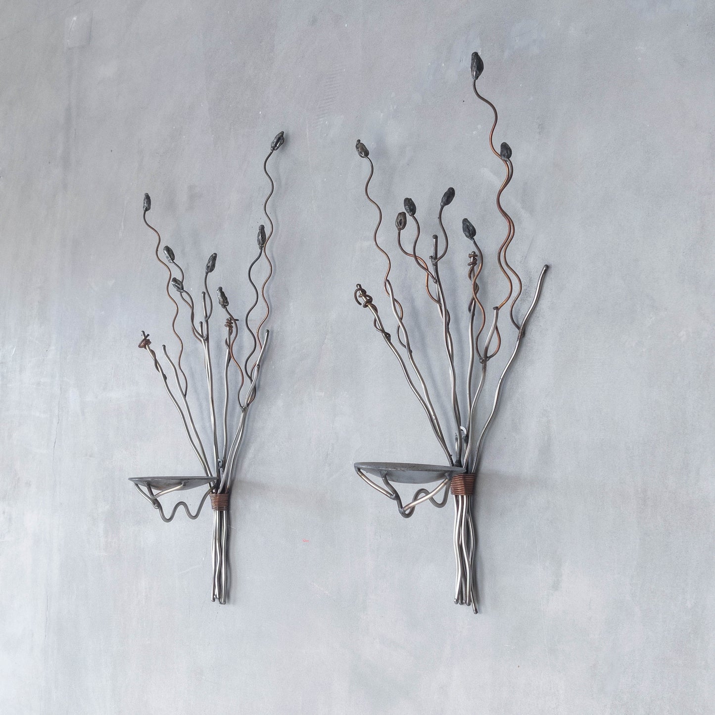 Vintage pair of large artisan made wirework steel and copper candle wall sconces