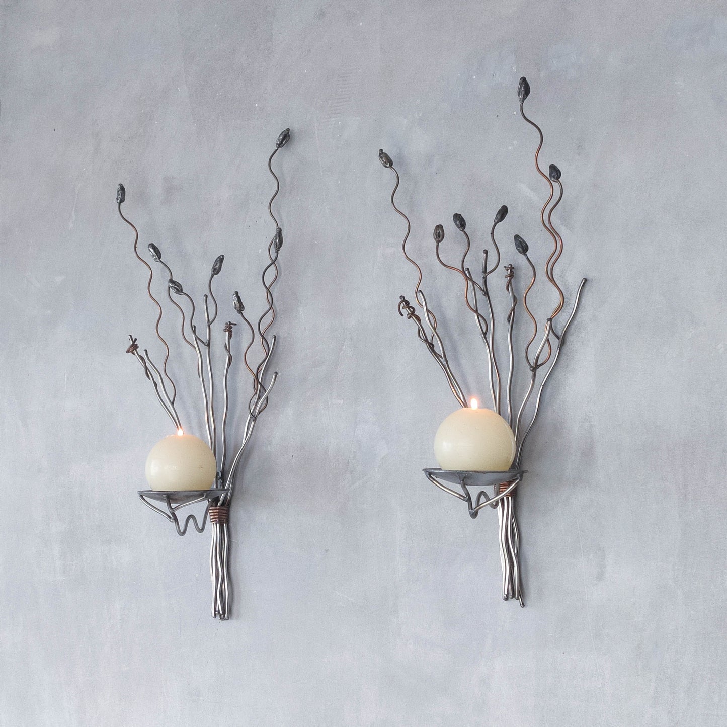 Vintage pair of large artisan made wirework steel and copper candle wall sconces