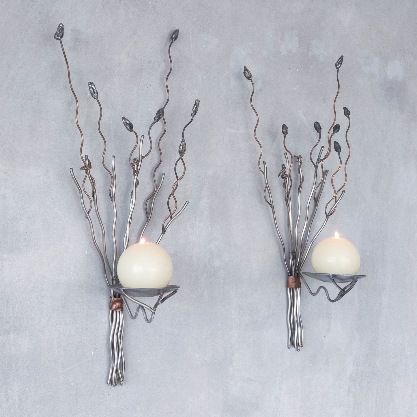Vintage pair of large artisan made wirework steel and copper candle wall sconces