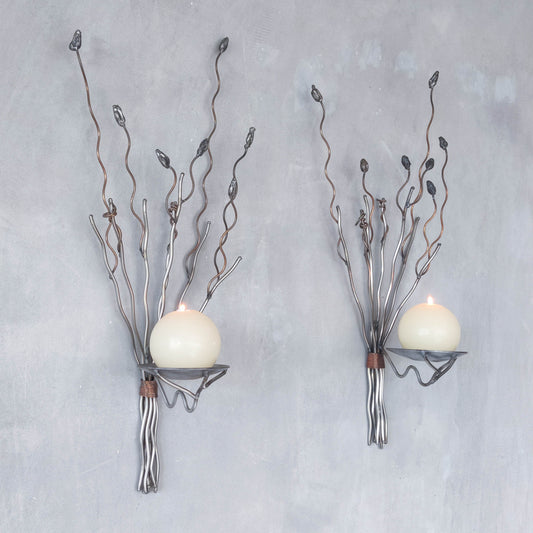 Vintage pair of large artisan made wirework steel and copper candle wall sconces