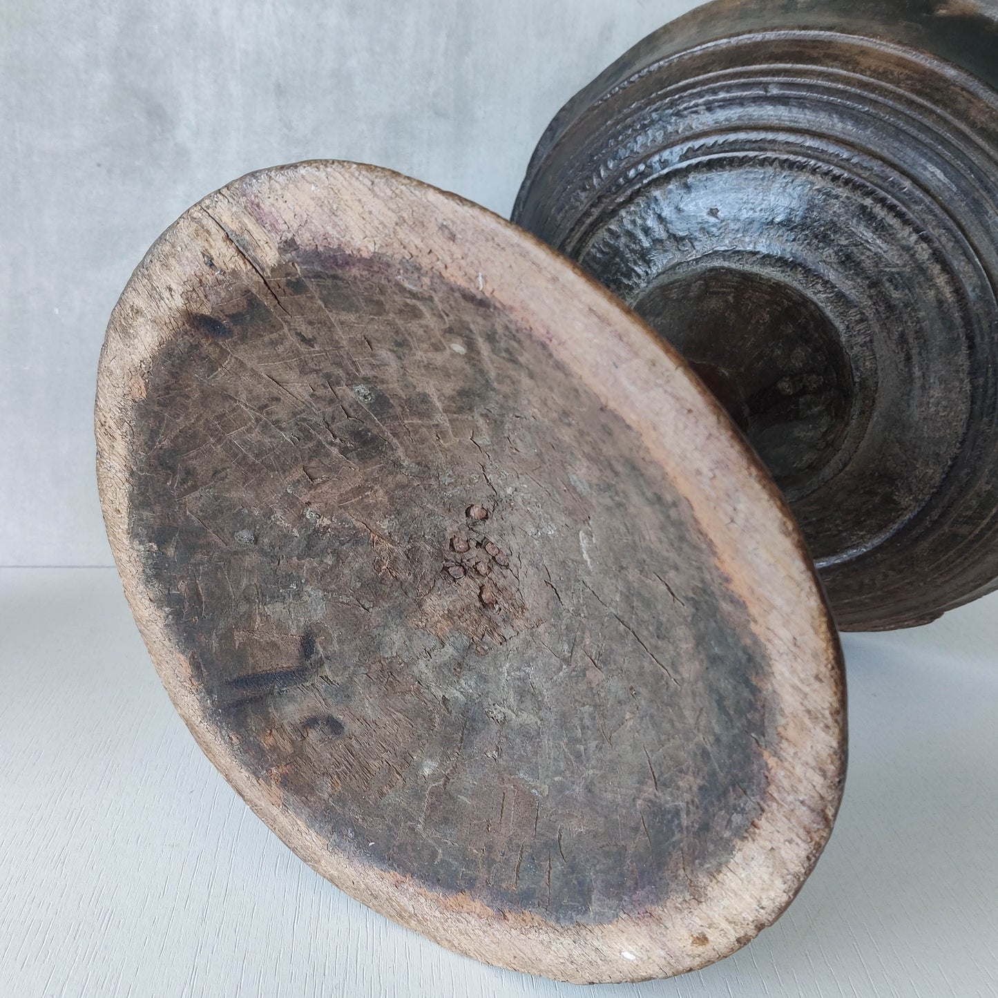 A large sculptural carved and turned vintage wooden pedestal bowl