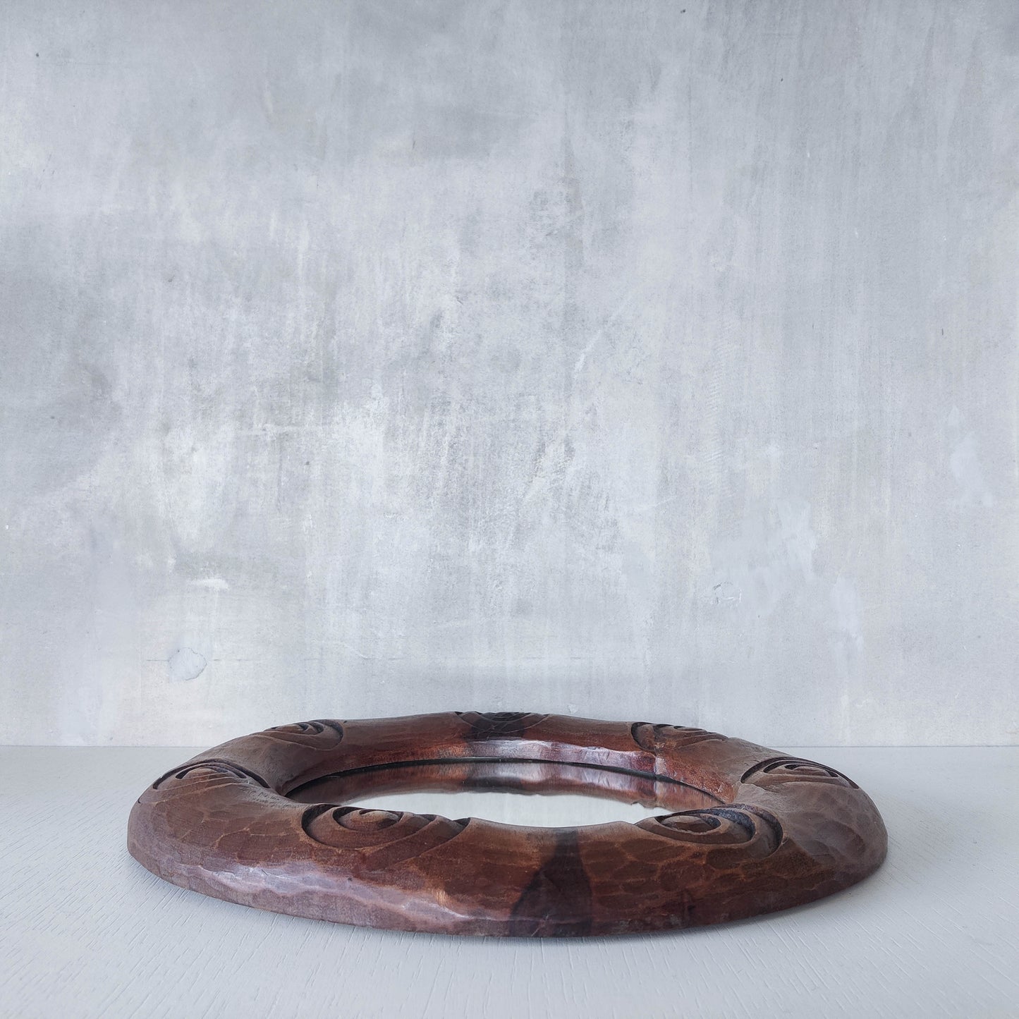 Vintage chunky hand carved hardwood spiral sculptural round mirror