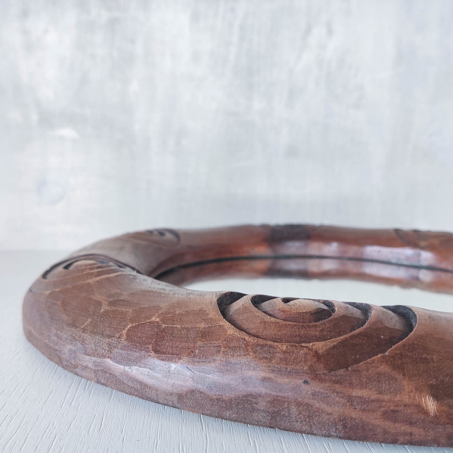 Vintage chunky hand carved hardwood spiral sculptural round mirror