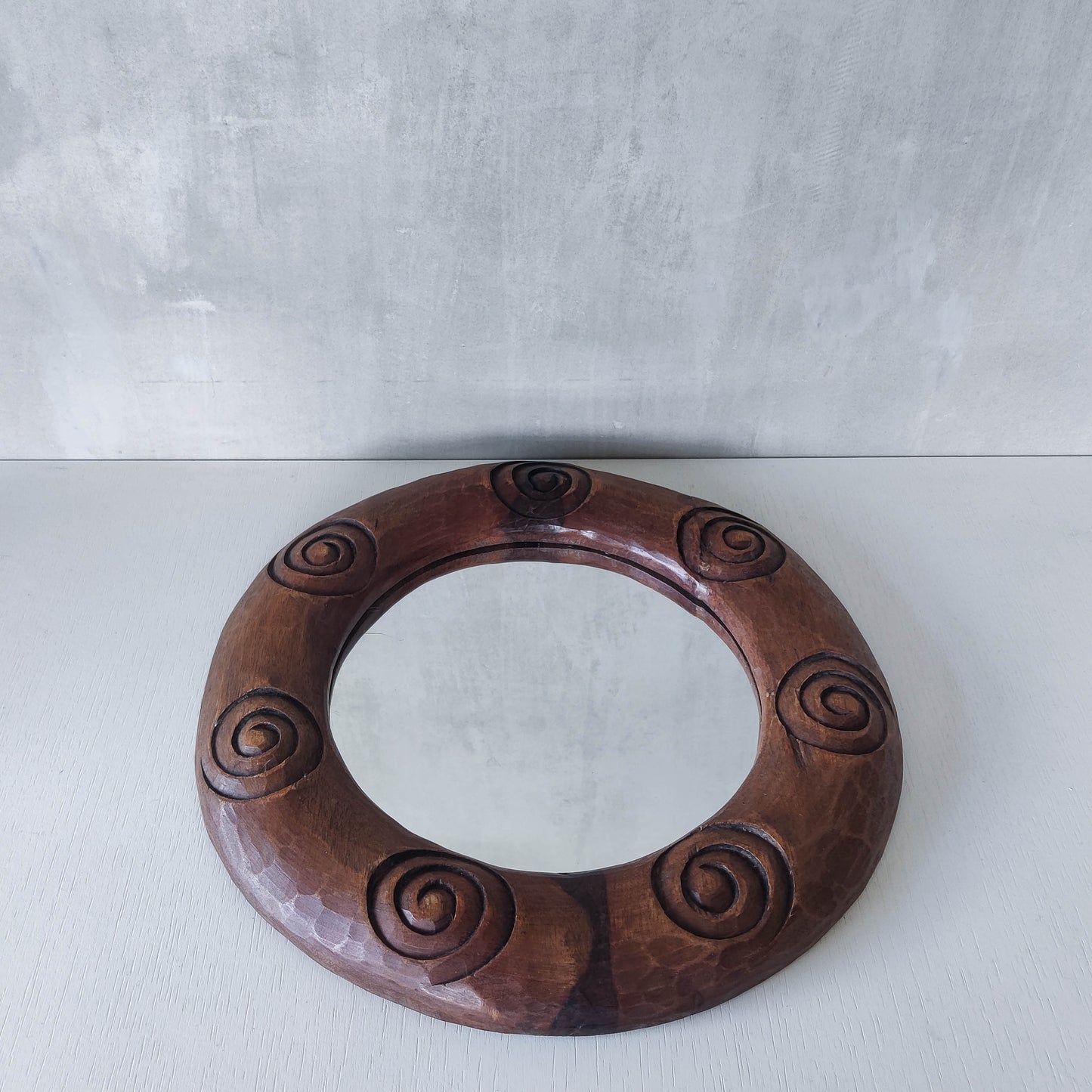 Vintage chunky hand carved hardwood spiral sculptural round mirror