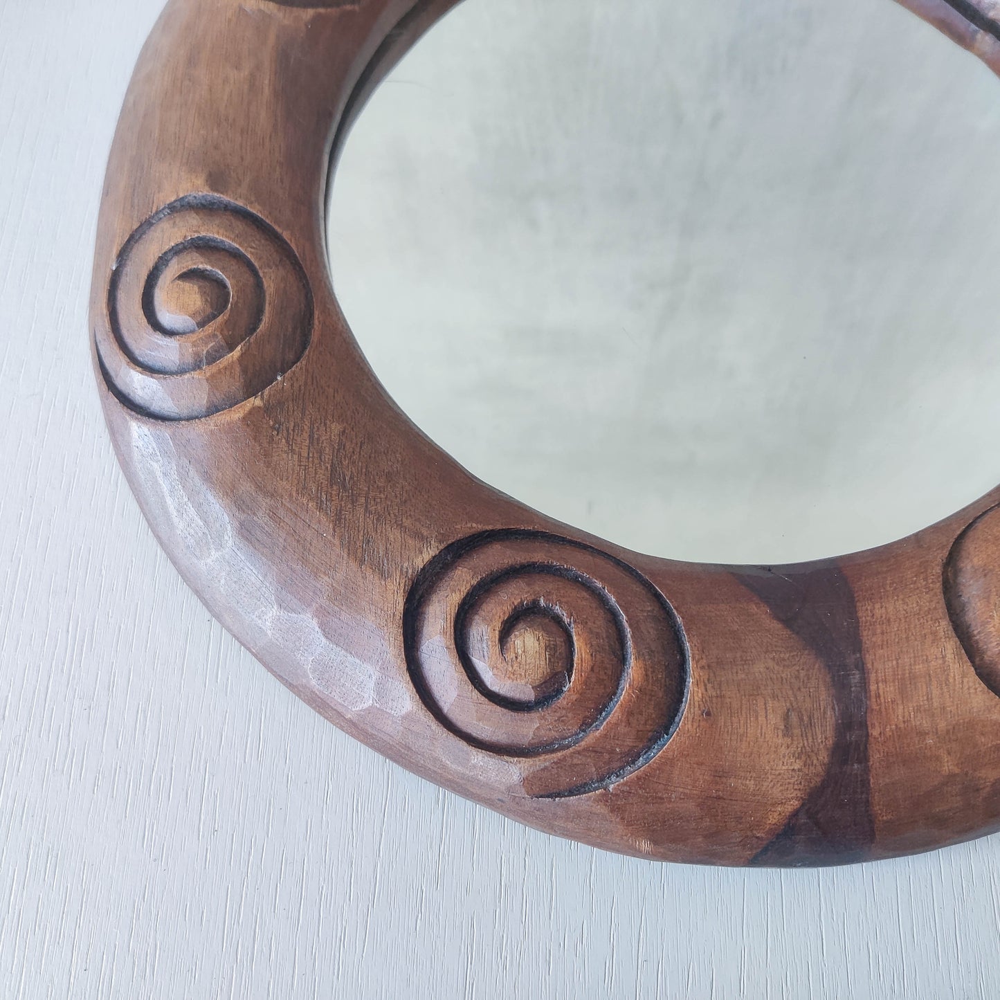 Vintage chunky hand carved hardwood spiral sculptural round mirror