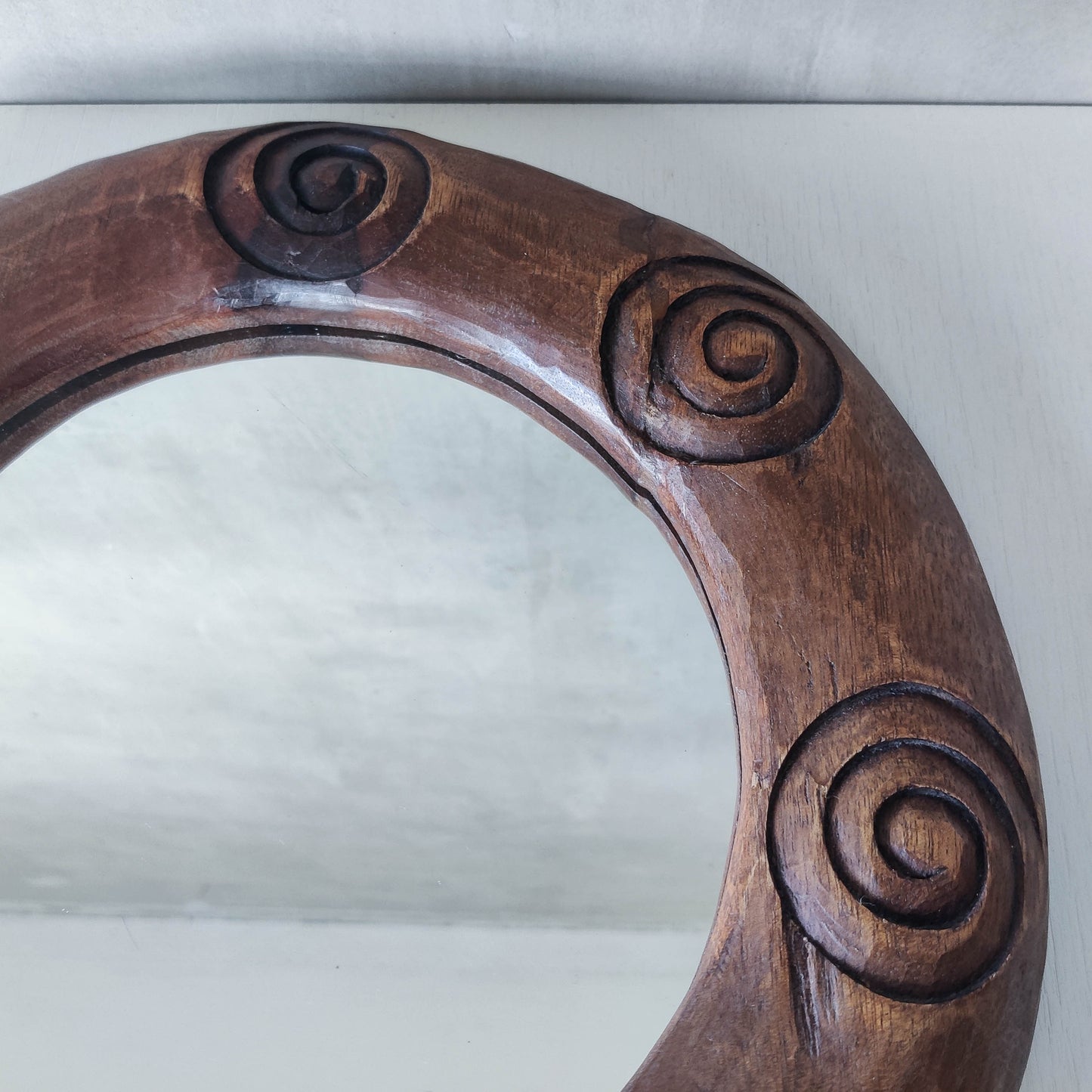Vintage chunky hand carved hardwood spiral sculptural round mirror