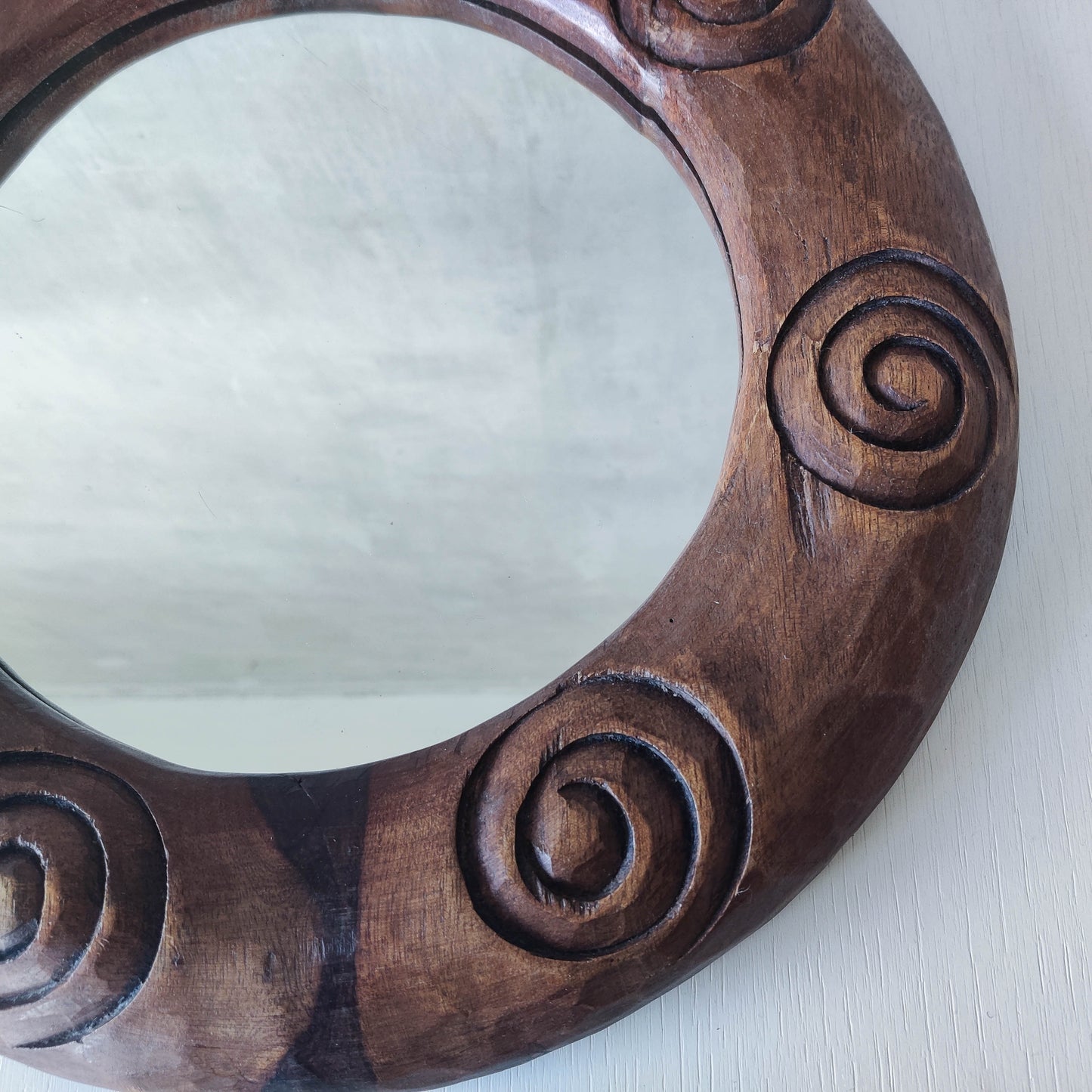Vintage chunky hand carved hardwood spiral sculptural round mirror