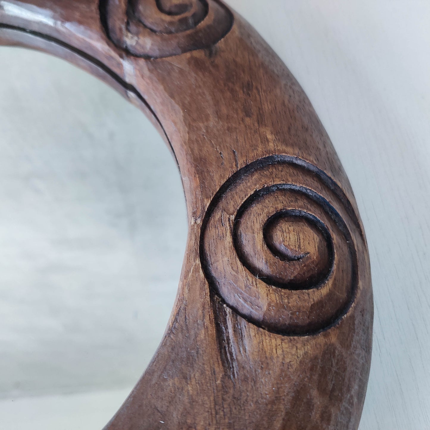 Vintage chunky hand carved hardwood spiral sculptural round mirror