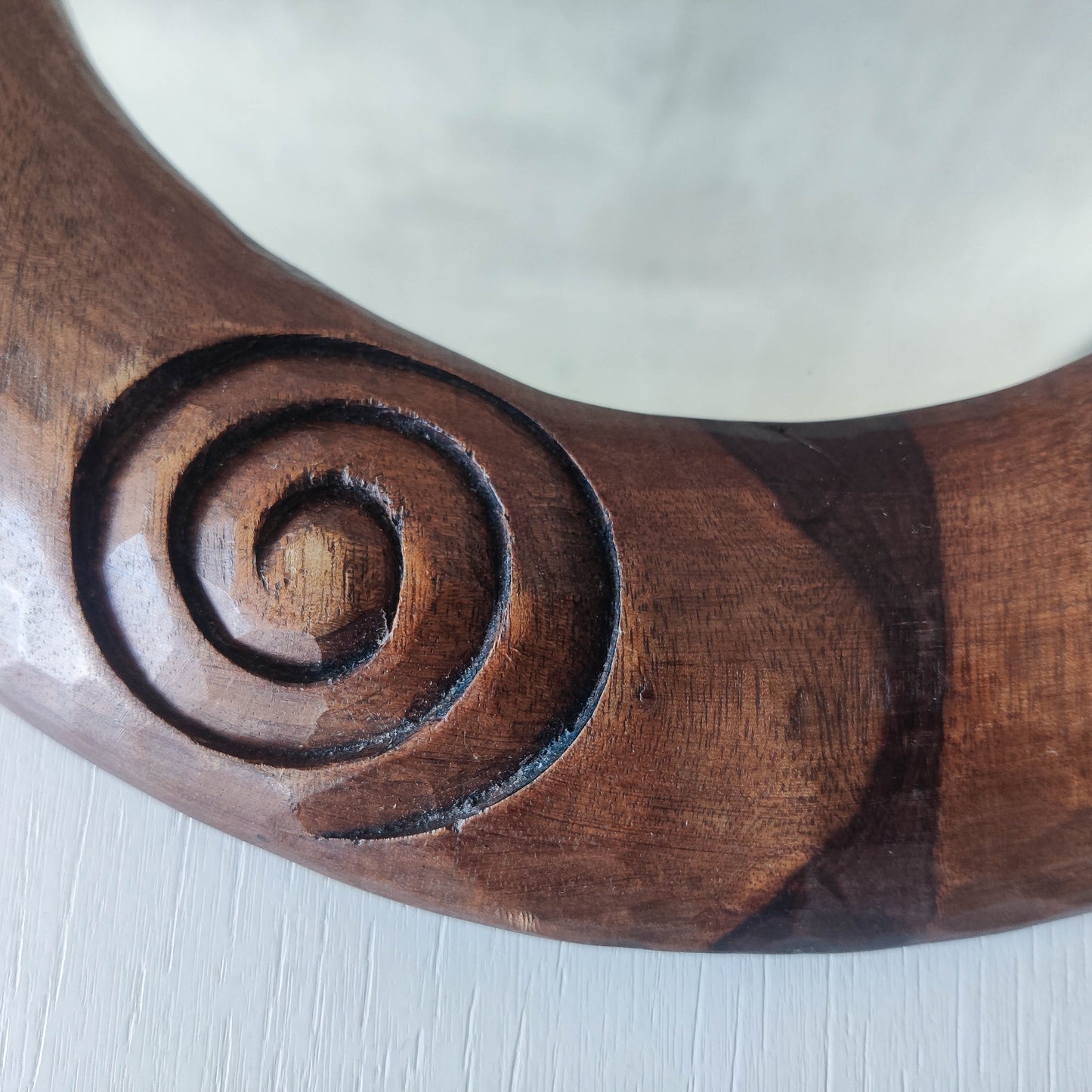 Vintage chunky hand carved hardwood spiral sculptural round mirror