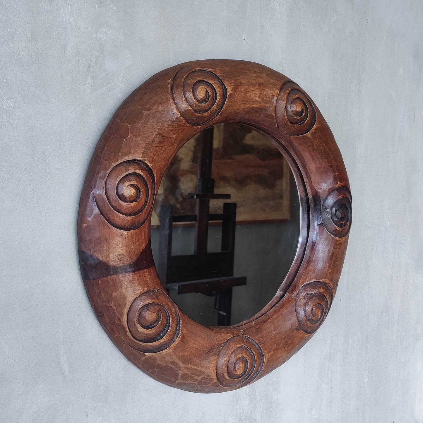 Vintage chunky hand carved hardwood spiral sculptural round mirror