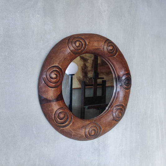 Vintage chunky hand carved hardwood spiral sculptural round mirror