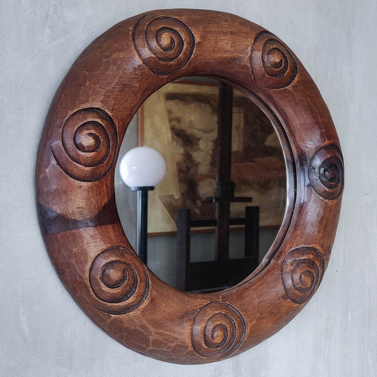 Vintage chunky hand carved hardwood spiral sculptural round mirror