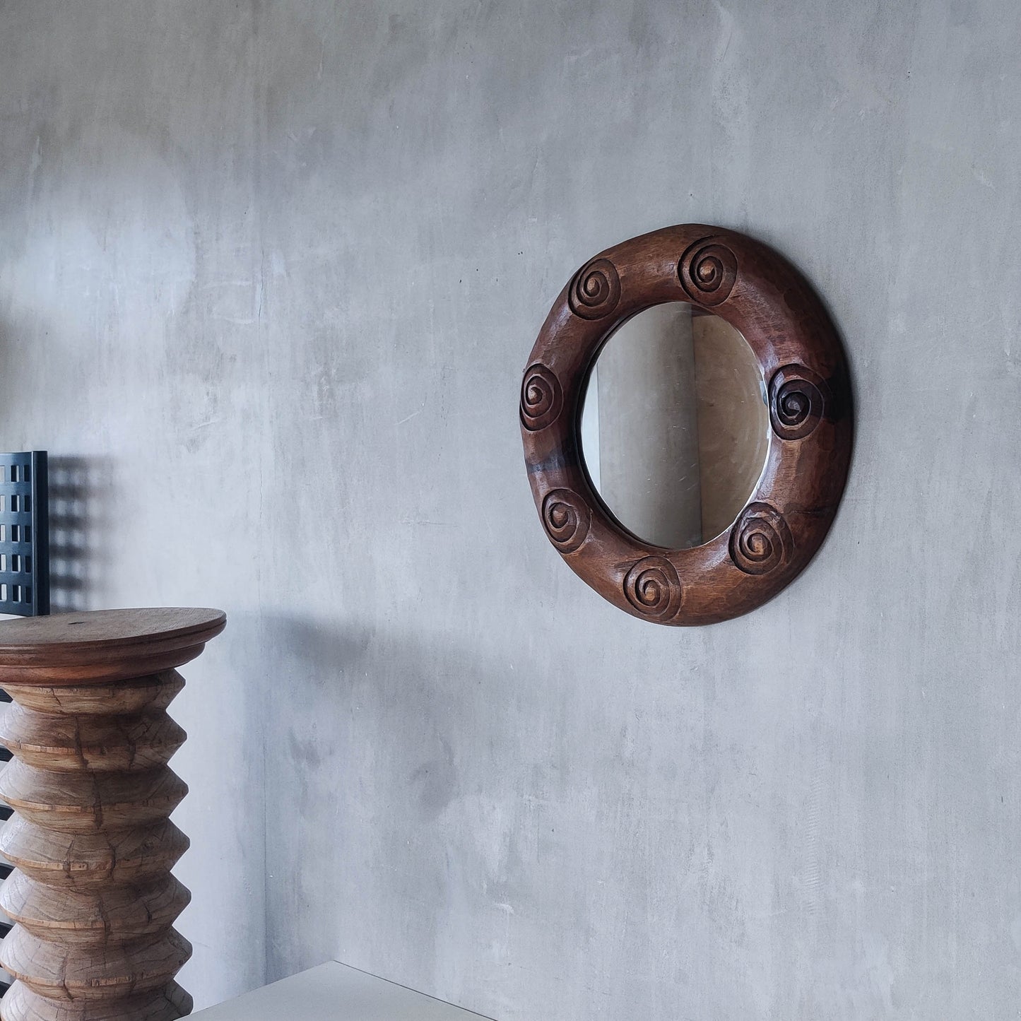 Vintage chunky hand carved hardwood spiral sculptural round mirror