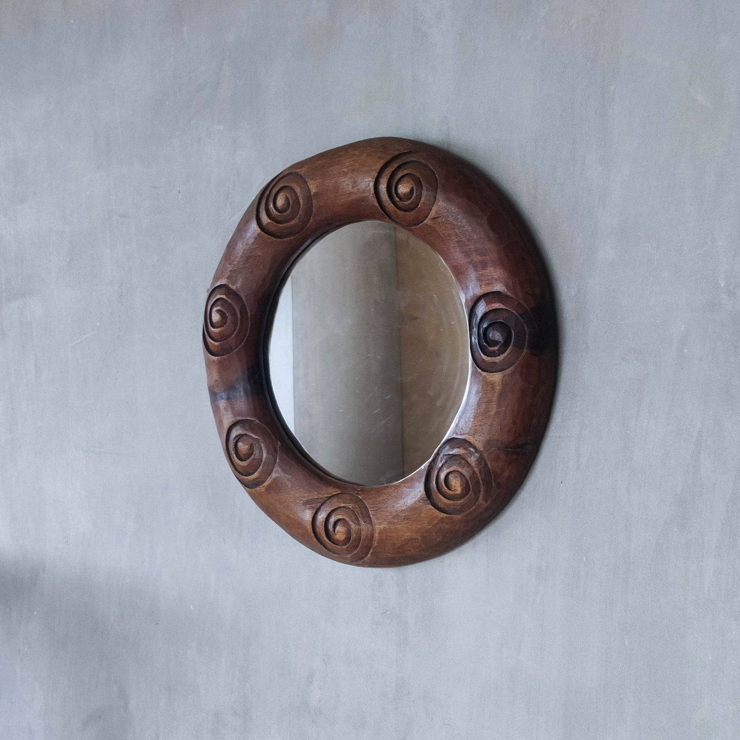 Vintage chunky hand carved hardwood spiral sculptural round mirror