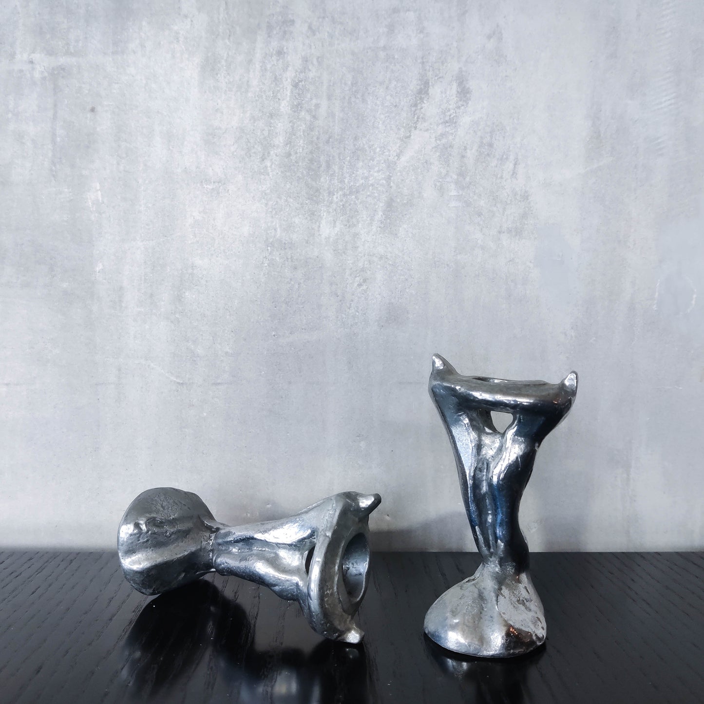 Pair of vintage 1980s ART3 David Marshall style cast aluminum brutalist candle holders
