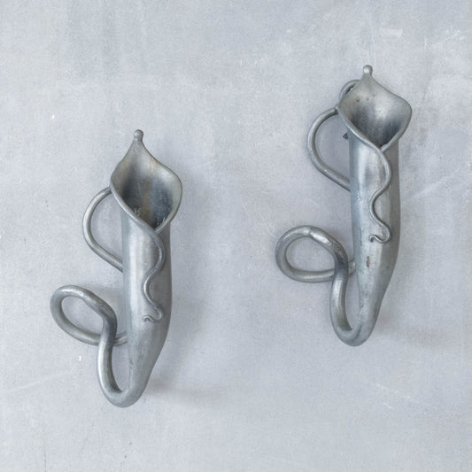 Pair of vintage handmade pewter candle holder wall sconces