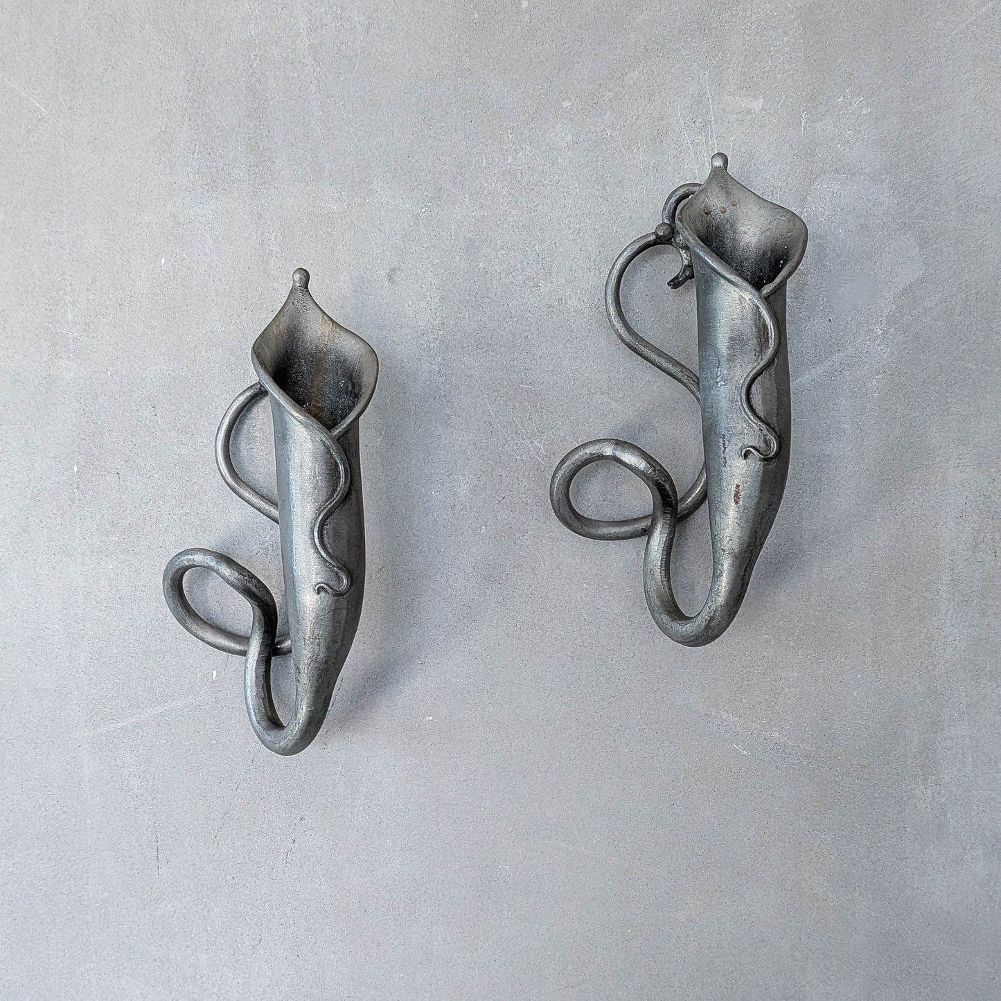 Pair of vintage handmade pewter candle holder wall sconces