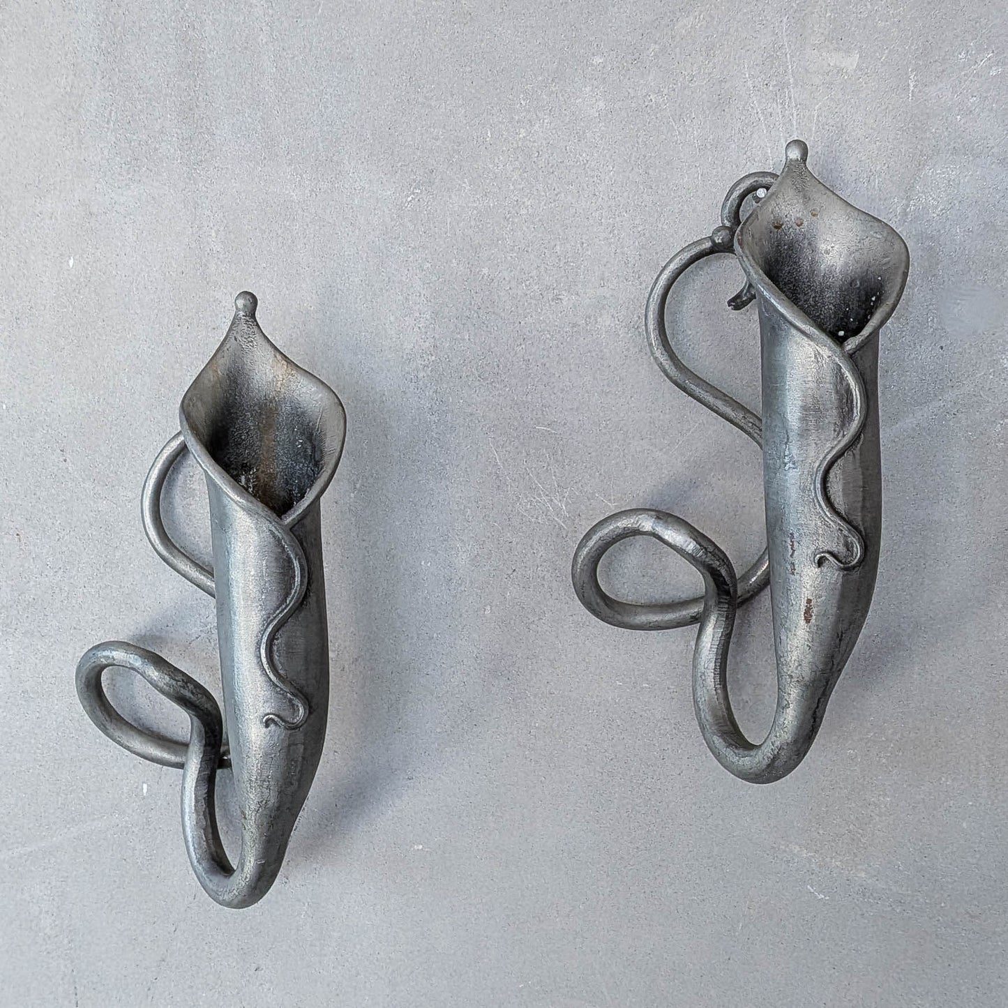 Pair of vintage handmade pewter candle holder wall sconces