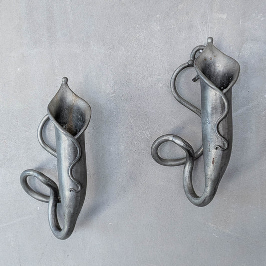 Pair of vintage handmade pewter candle holder wall sconces