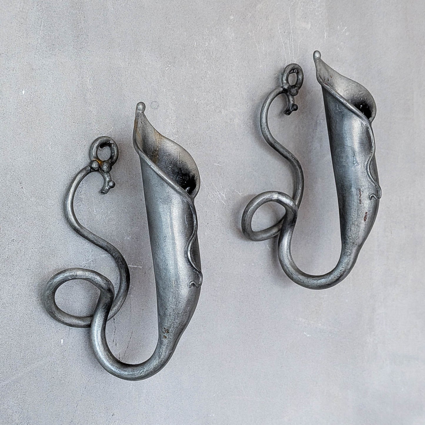 Pair of vintage handmade pewter candle holder wall sconces