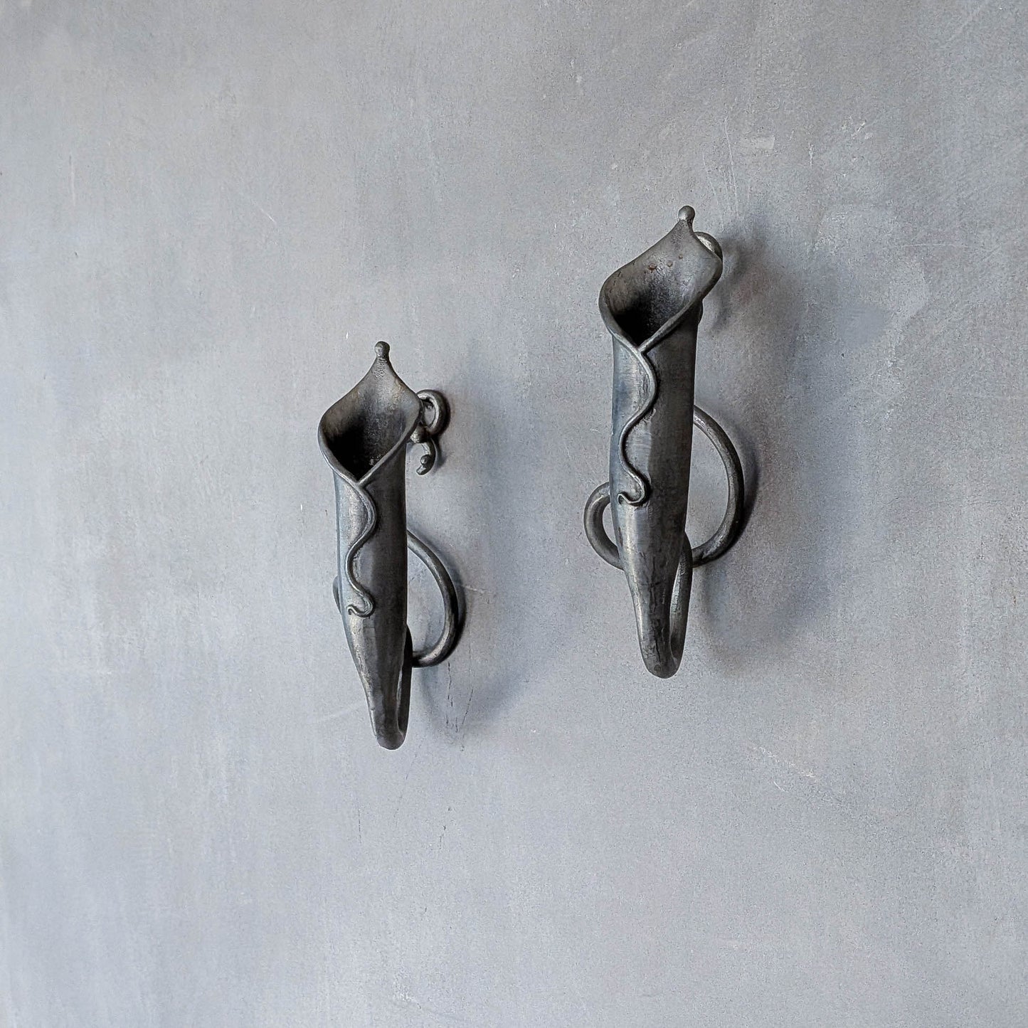Pair of vintage handmade pewter candle holder wall sconces
