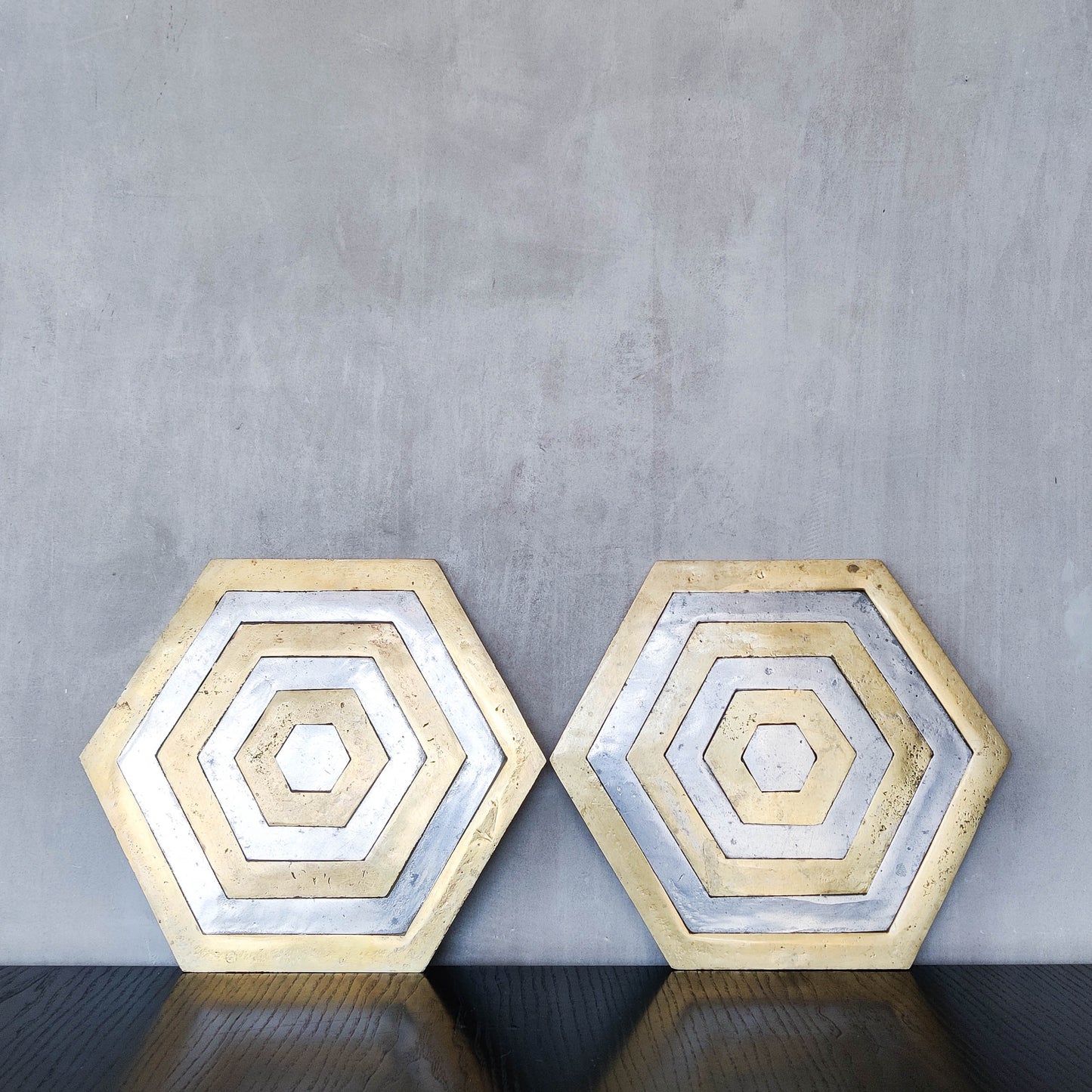Pair of David Marshall brutalist 1980s large hand cast brass and aluminium large trivets/trays