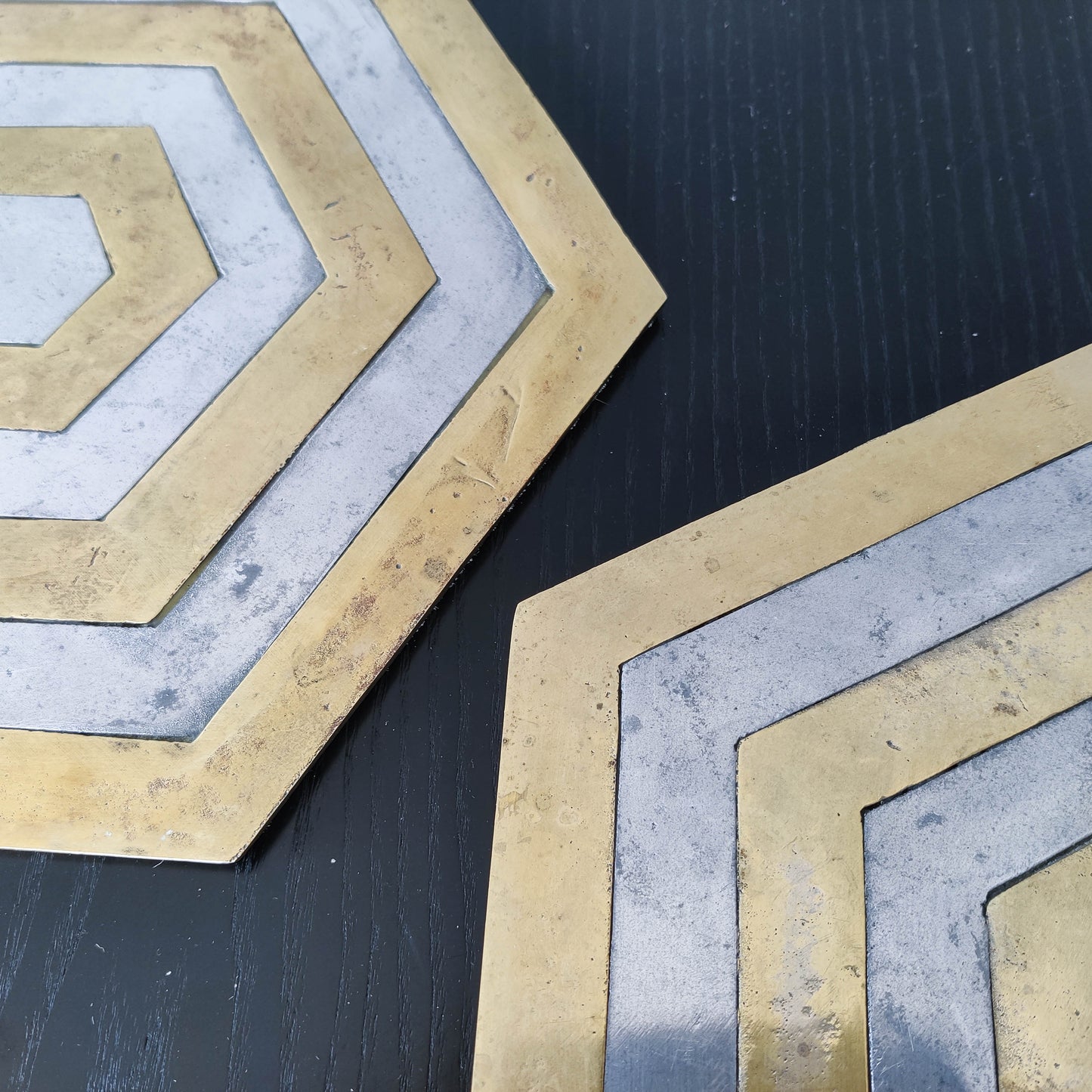 Pair of David Marshall brutalist 1980s large hand cast brass and aluminium large trivets/trays