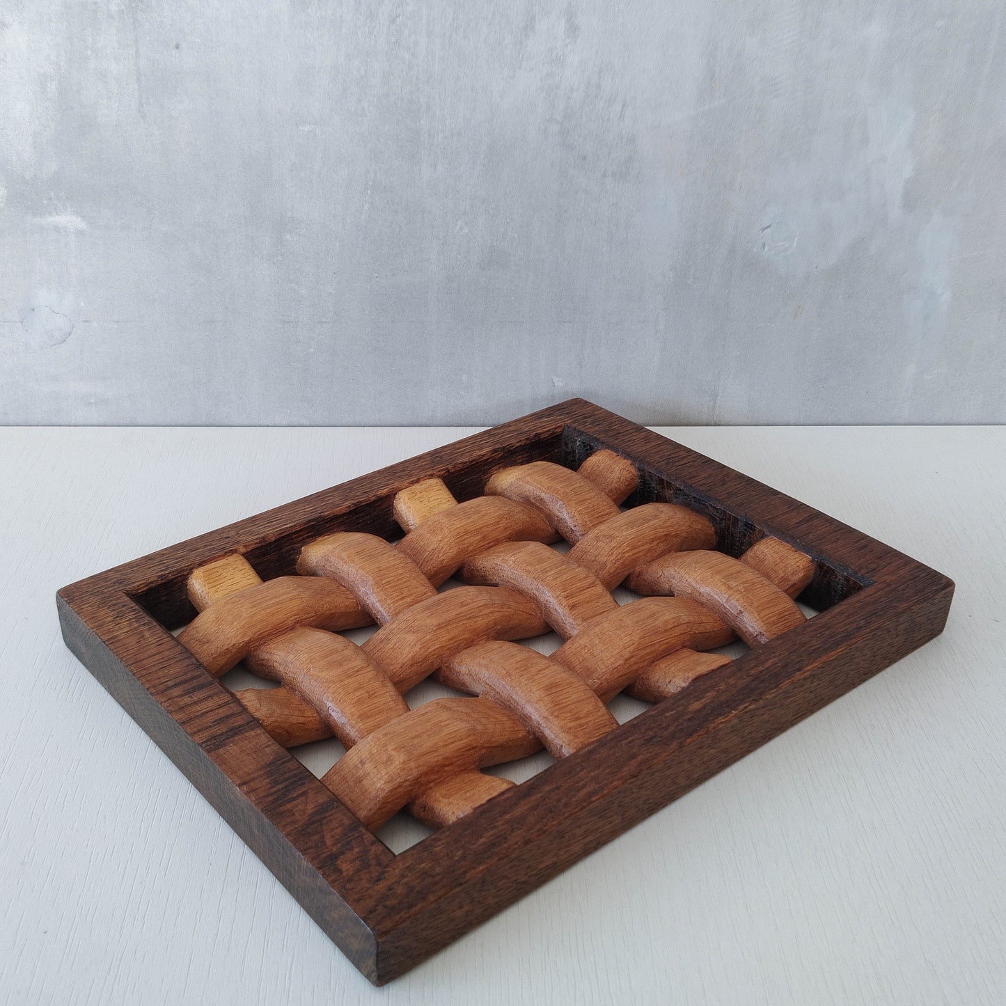 A carved sculptural oak lattice panel wall relief Mouseman studio apprentice piece