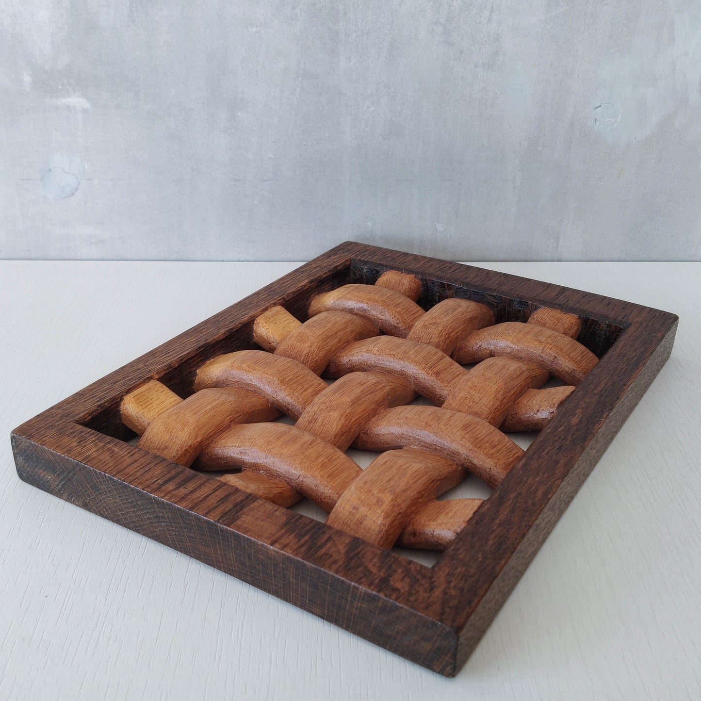 A carved sculptural oak lattice panel wall relief Mouseman studio apprentice piece