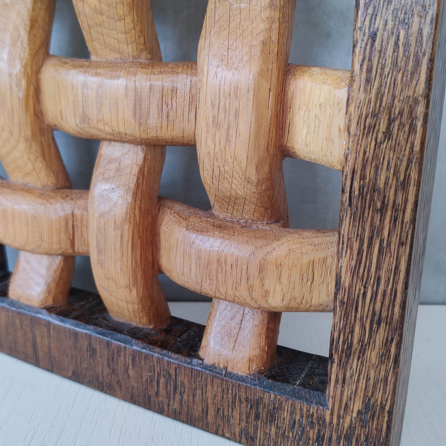 A carved sculptural oak lattice panel wall relief Mouseman studio apprentice piece