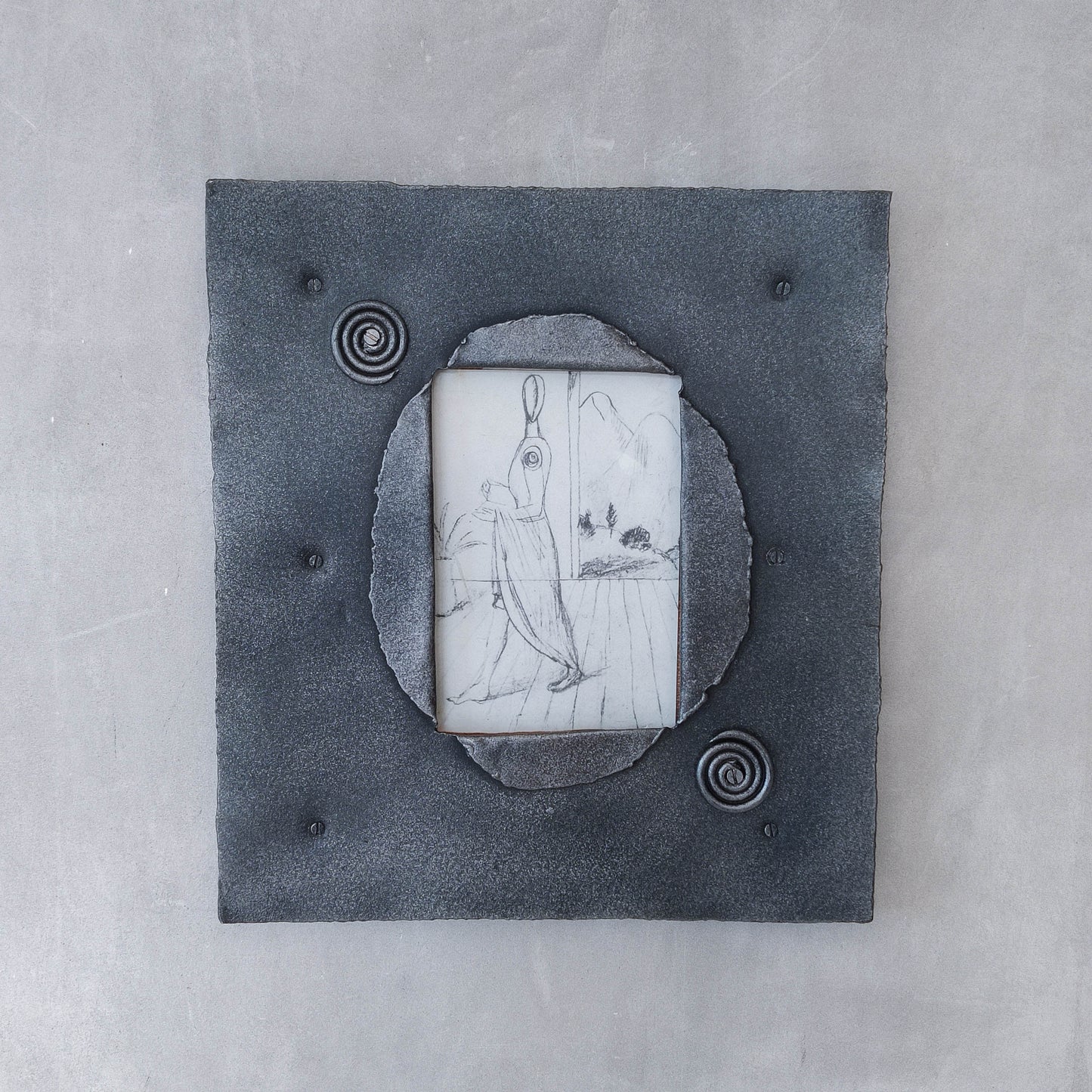 Handmade 00s sculptural metalwork photo picture frame with spiral details