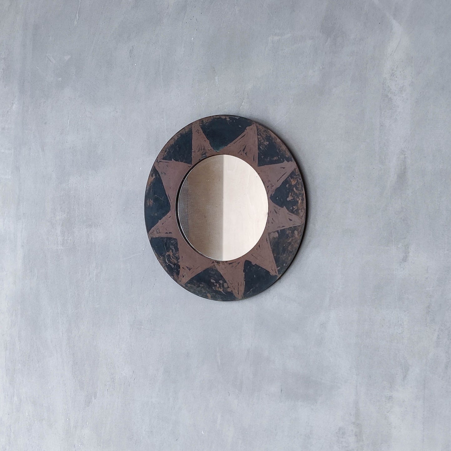 Vintage handmade copper mirror with etched painterly star