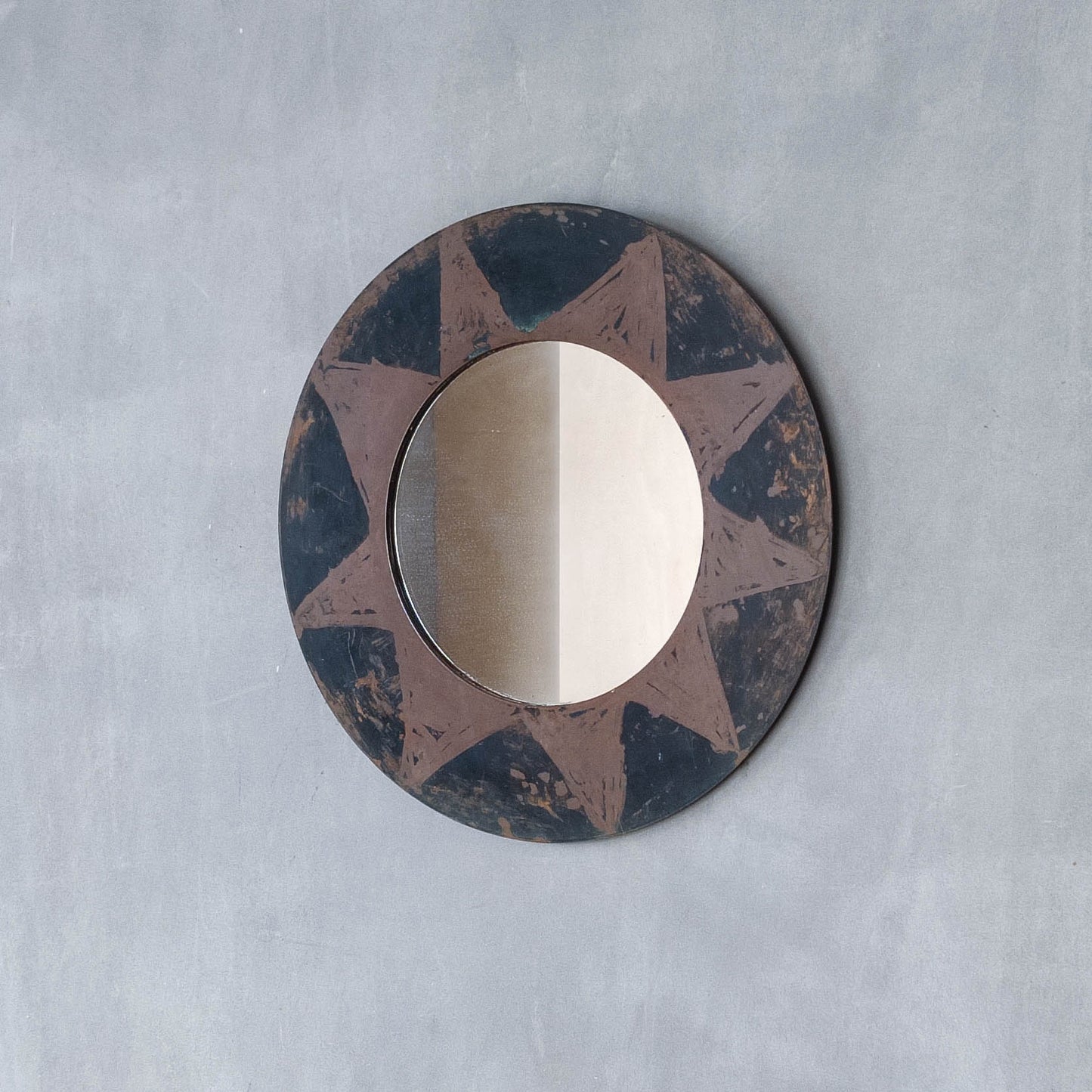 Vintage handmade copper mirror with etched painterly star