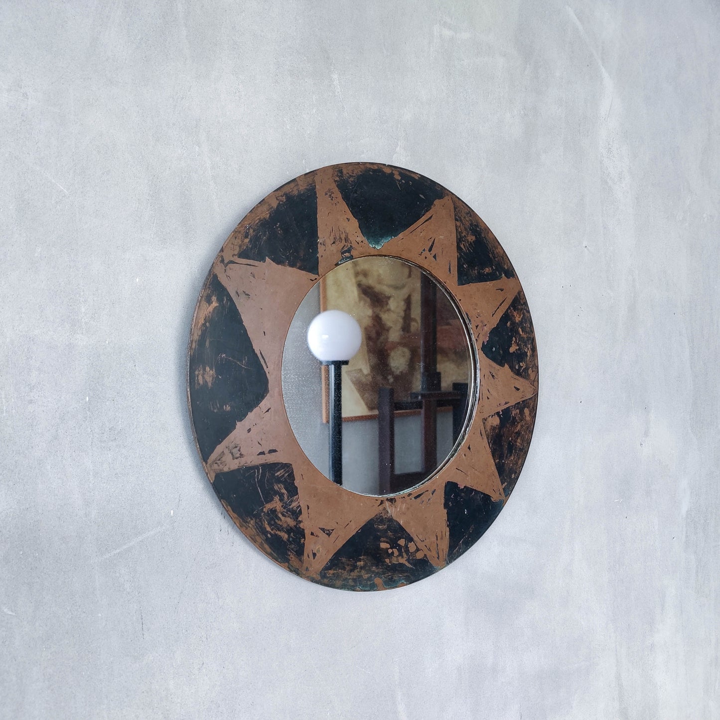 Vintage handmade copper mirror with etched painterly star