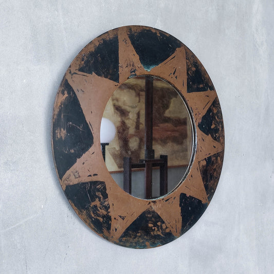 Vintage handmade copper mirror with etched painterly star