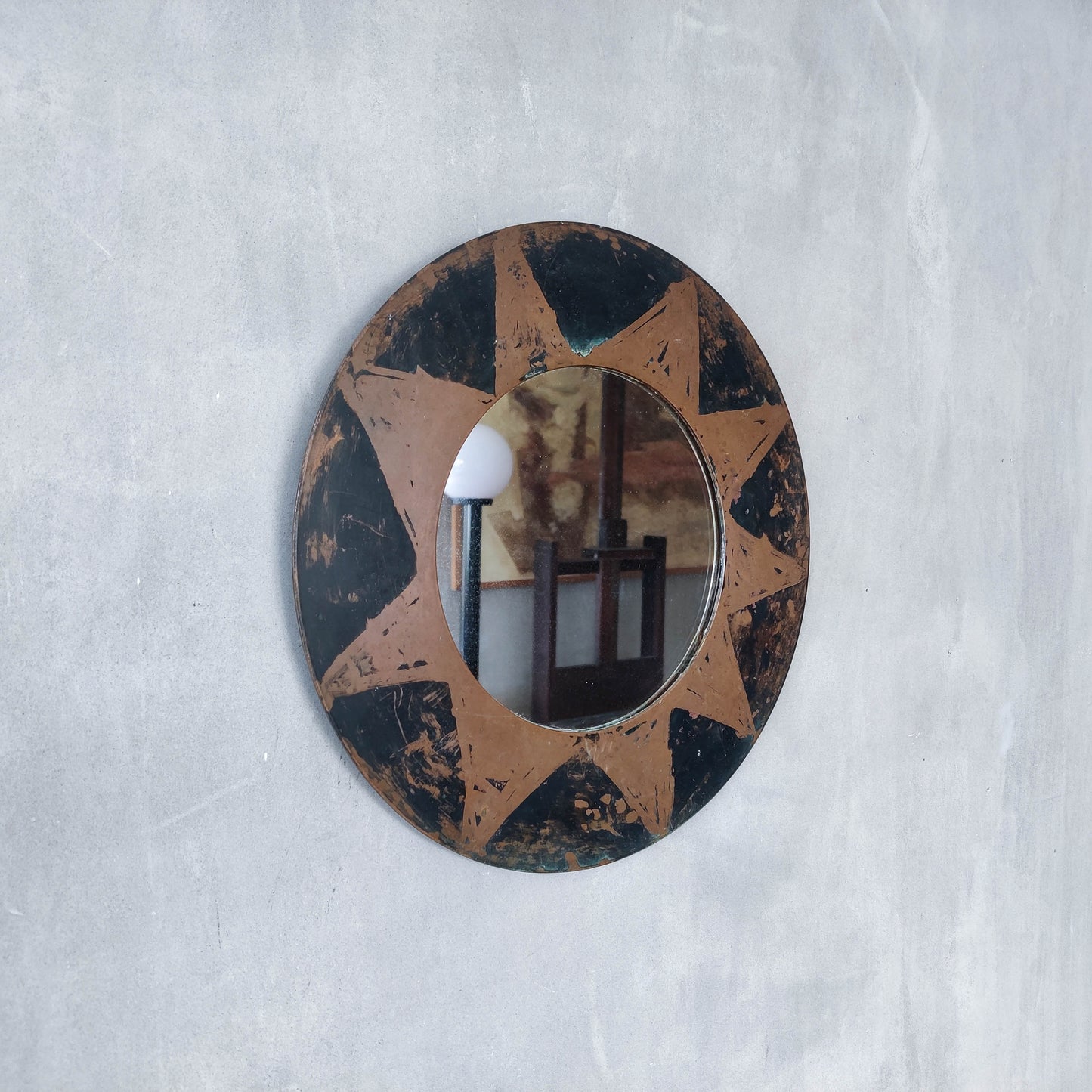Vintage handmade copper mirror with etched painterly star
