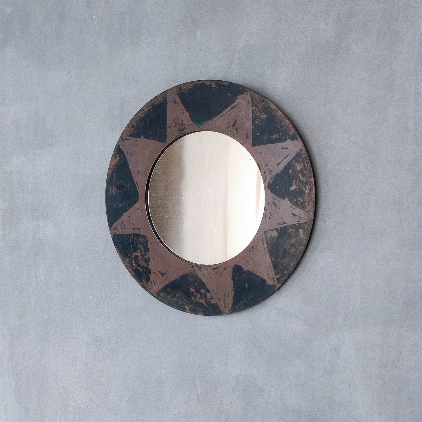 Vintage handmade copper mirror with etched painterly star