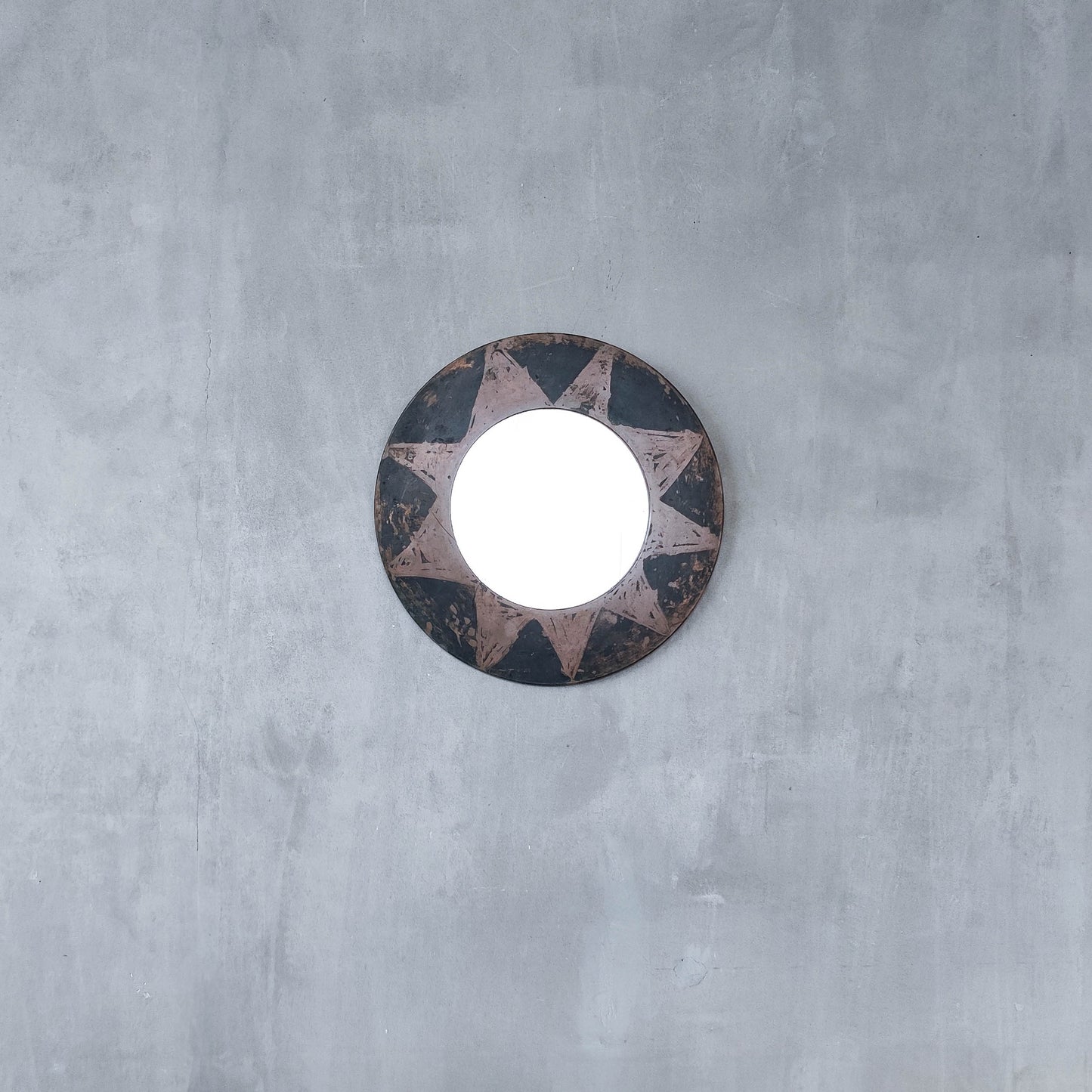 Vintage handmade copper mirror with etched painterly star