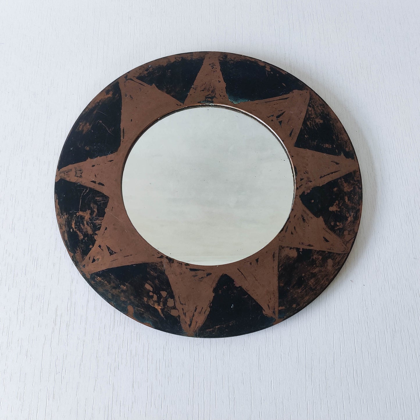 Vintage handmade copper mirror with etched painterly star