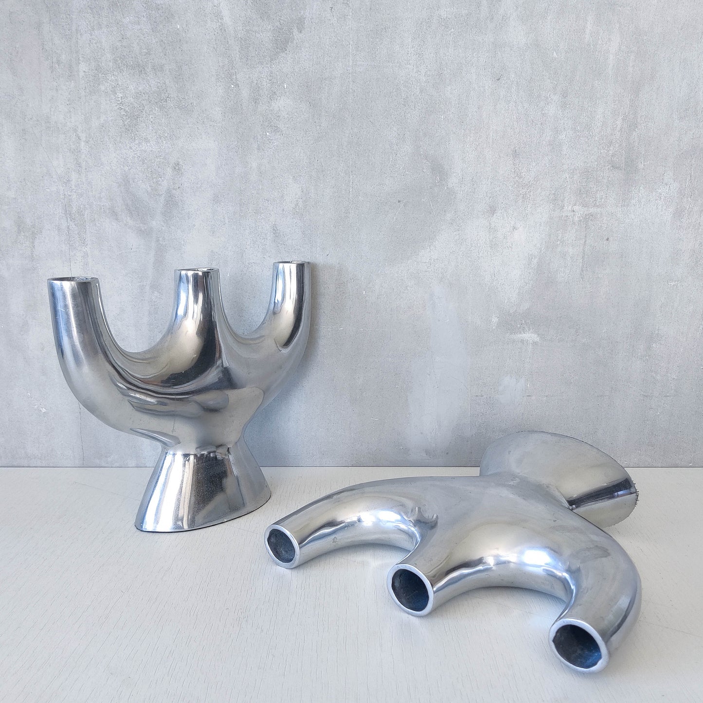 Pair of vintage 00s cast aluminium sculptural tulip vases