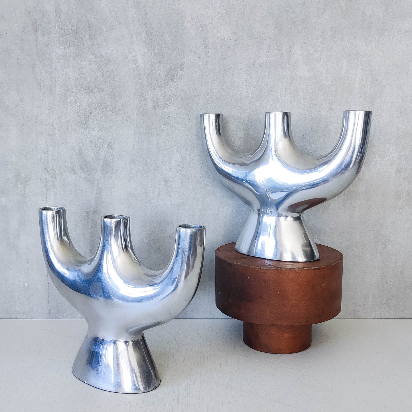 Pair of vintage 00s cast aluminium sculptural tulip vases