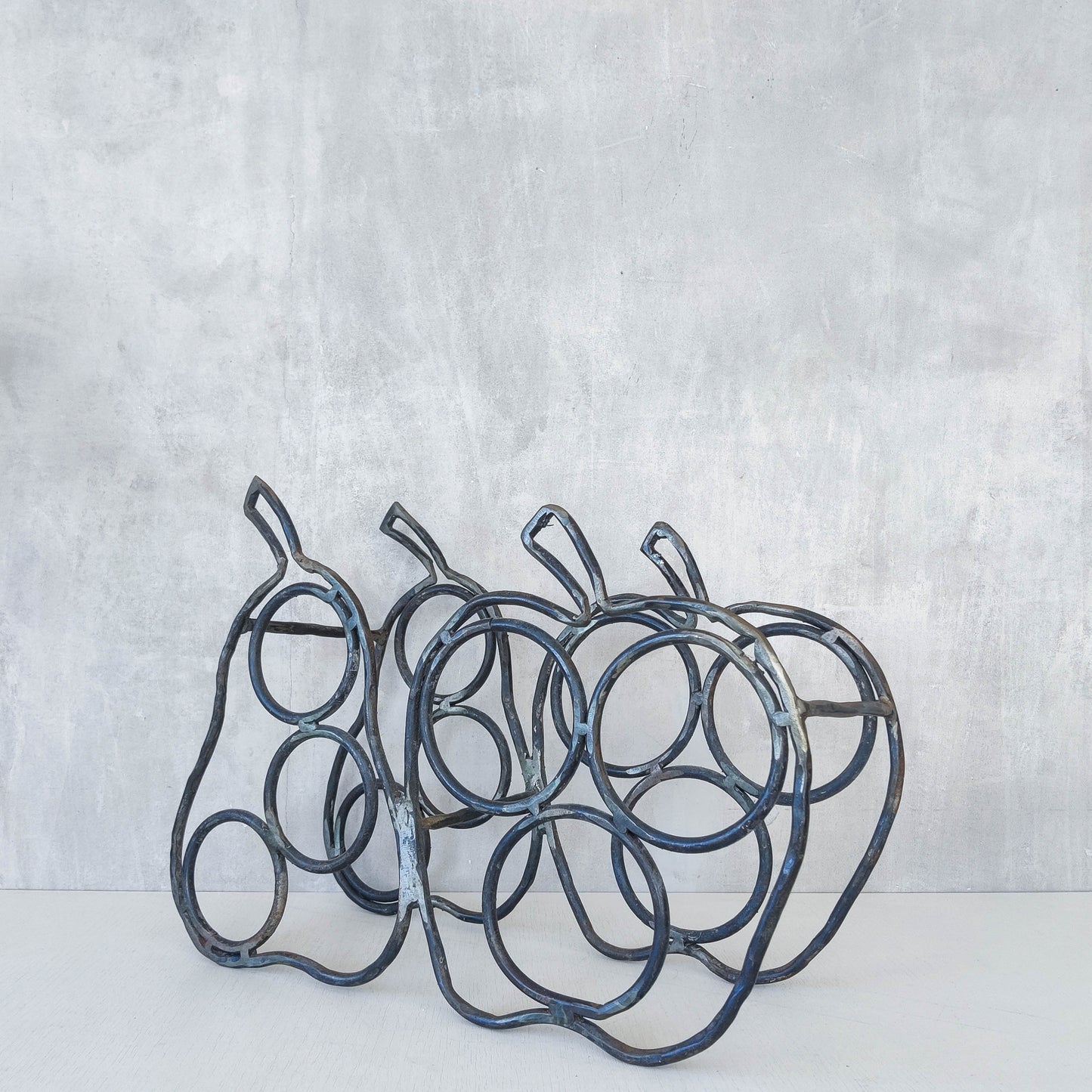 Sculptural metalwork welded steel apple and pear bottle holder