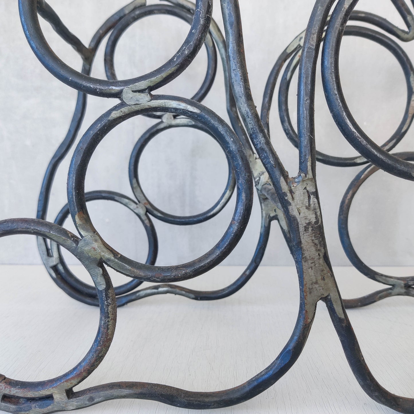 Sculptural metalwork welded steel apple and pear bottle holder
