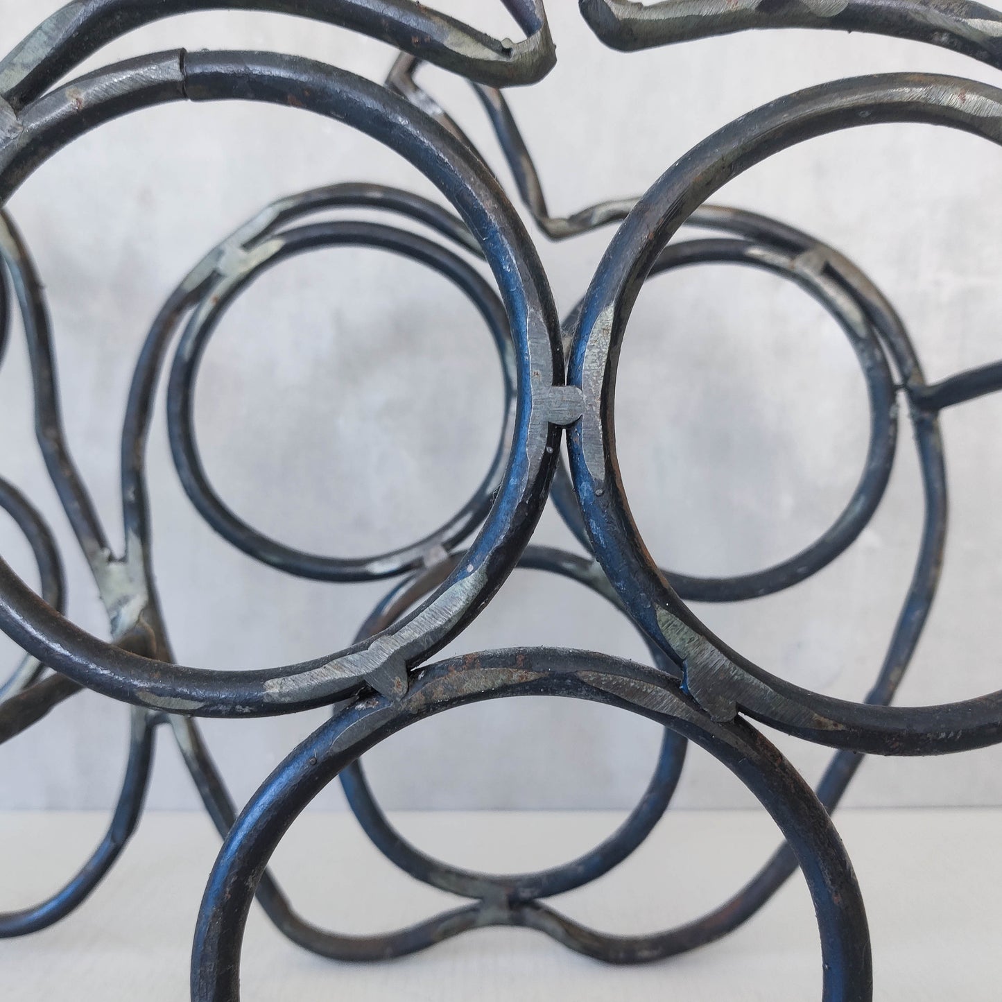Sculptural metalwork welded steel apple and pear bottle holder