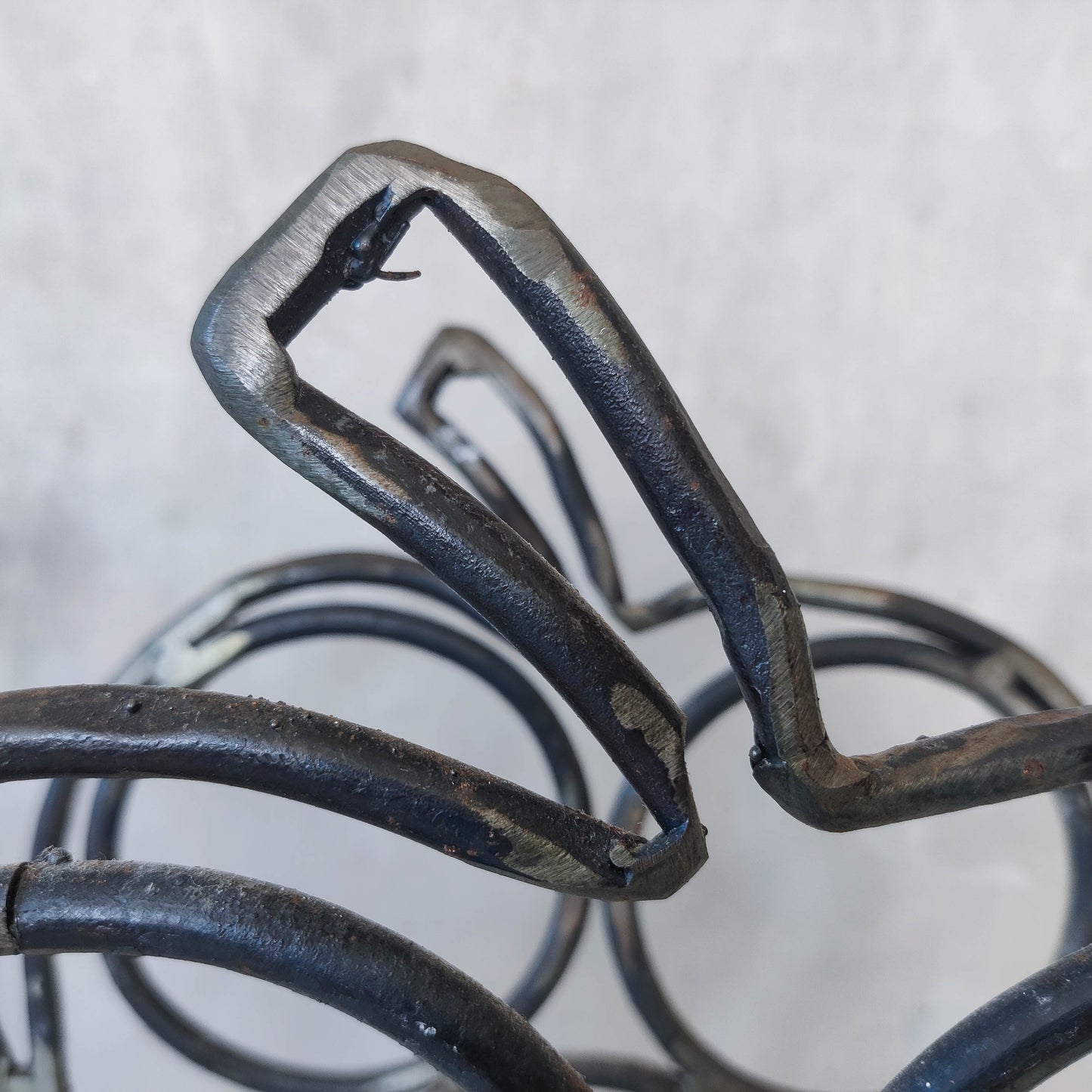 Sculptural metalwork welded steel apple and pear bottle holder