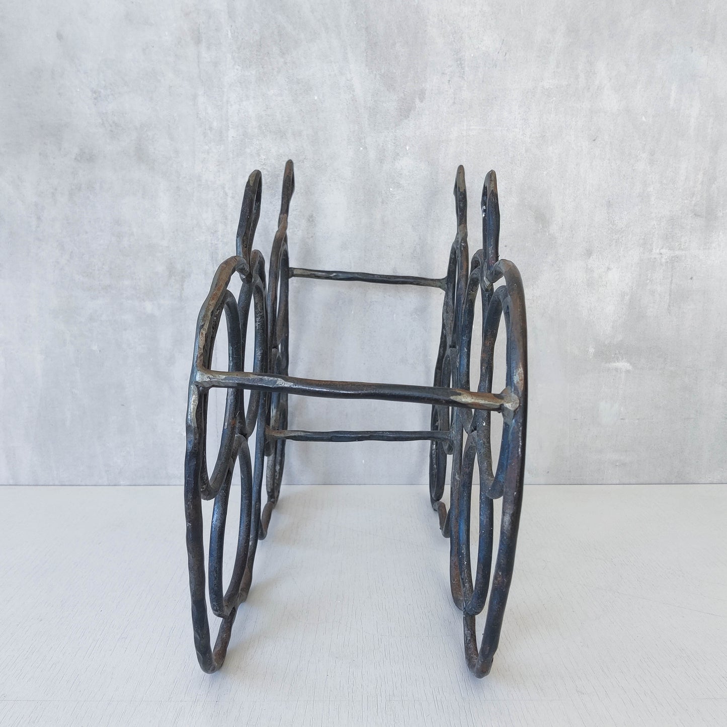 Sculptural metalwork welded steel apple and pear bottle holder