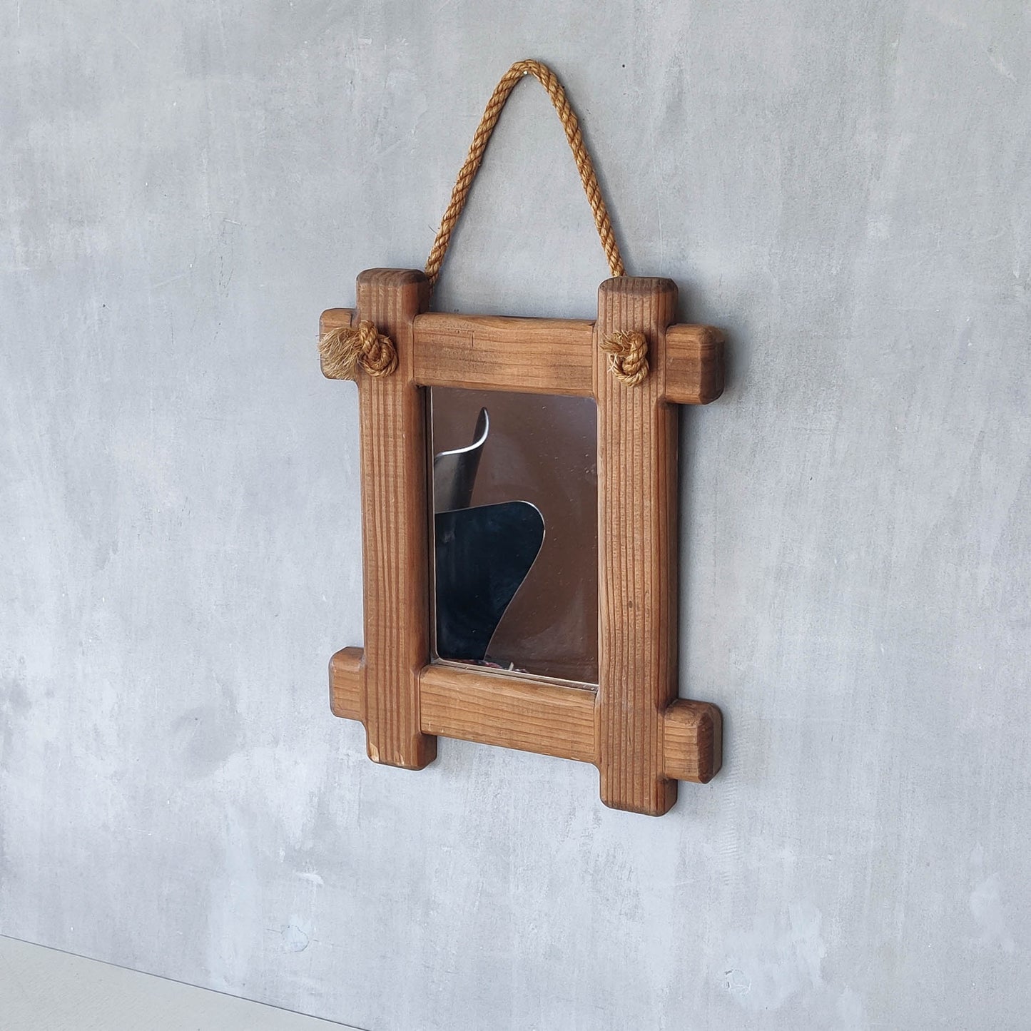 A vintage chunky pine cross corner Oxford frame mirror with knotted rope