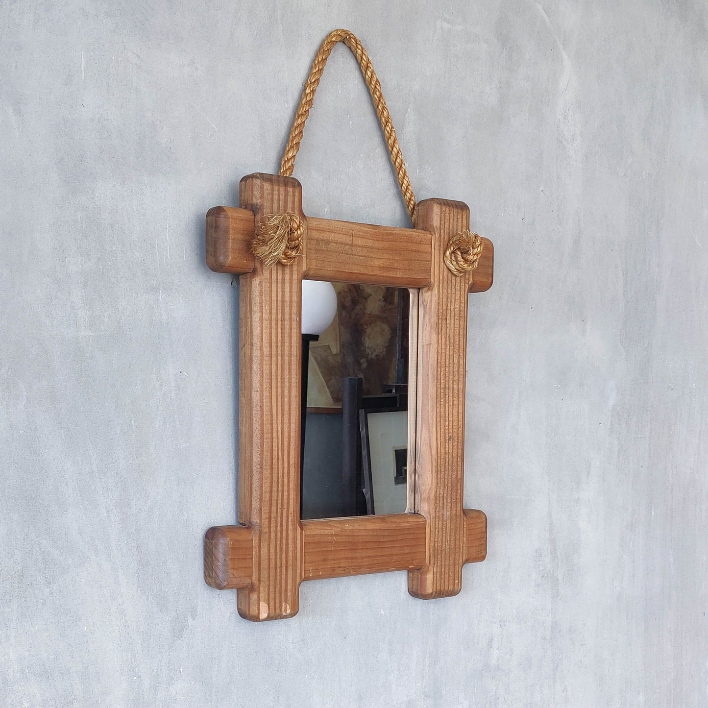 A vintage chunky pine cross corner Oxford frame mirror with knotted rope