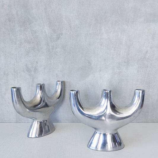 Pair of vintage 00s cast aluminium sculptural tulip vases